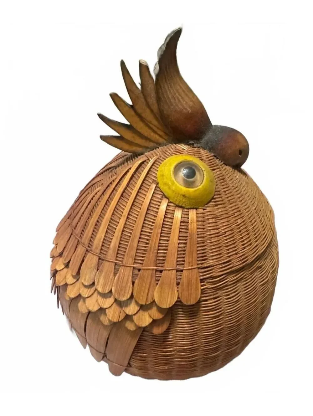 Vintage - Bird Shanghai Handicrafts Wicker Parrot Basket Lid Woven - 8.50